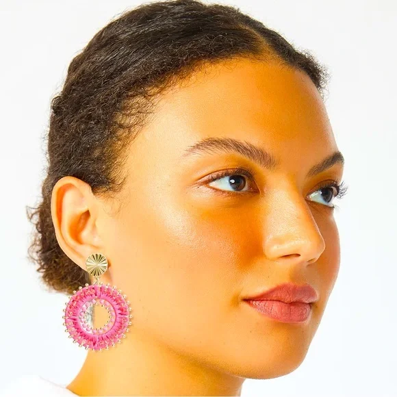 NWT J.Crew Crystal Hot Pink Beaded Bohemian Festival Earrings - Picture 2 of 3